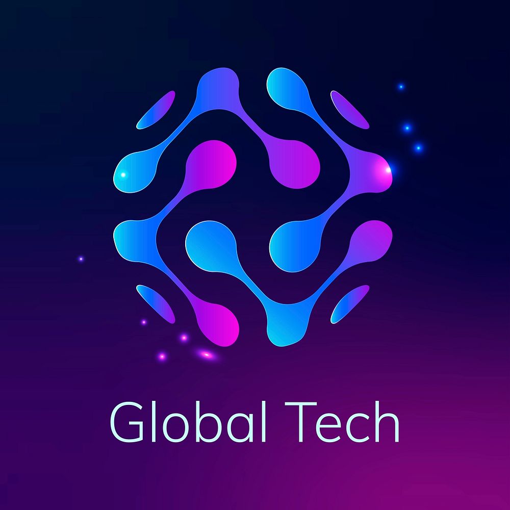 Abstract globe technology logo vector with global tech text in purple tone