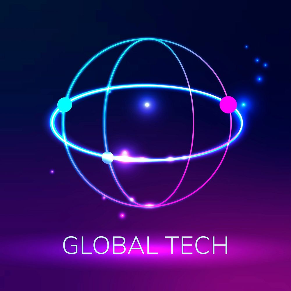 Global network technology logo vector with global tech text in purple tone