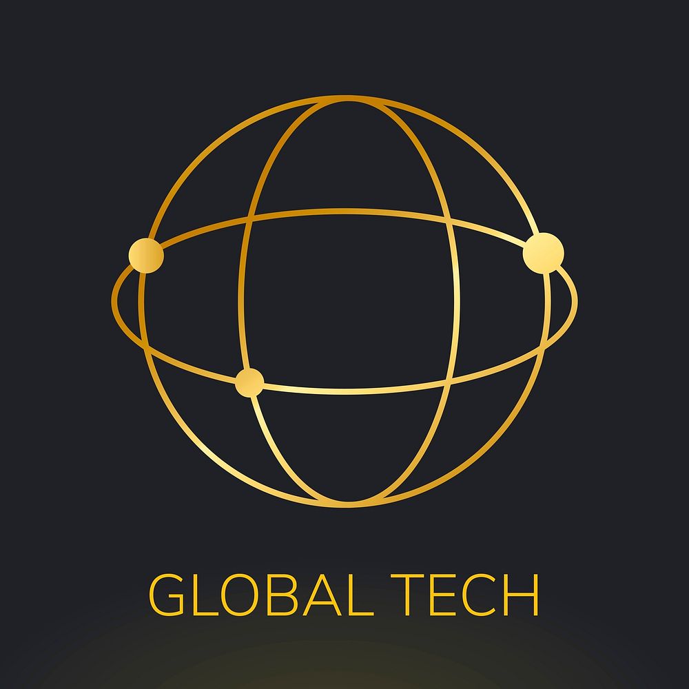 Global network technology logo vector with global tech text in gold tone