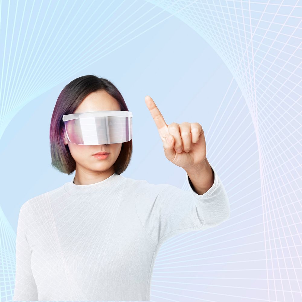 Technology background with woman wearing smart glasses in blue tone