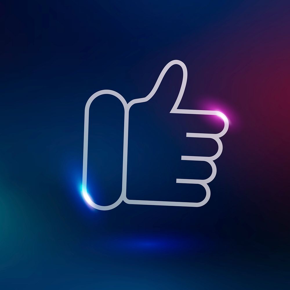 Thumbs up technology icon in neon purple on gradient background