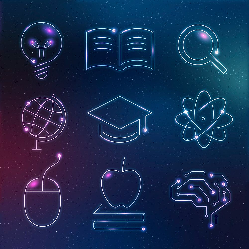 Education technology neon icons digital and science graphic set