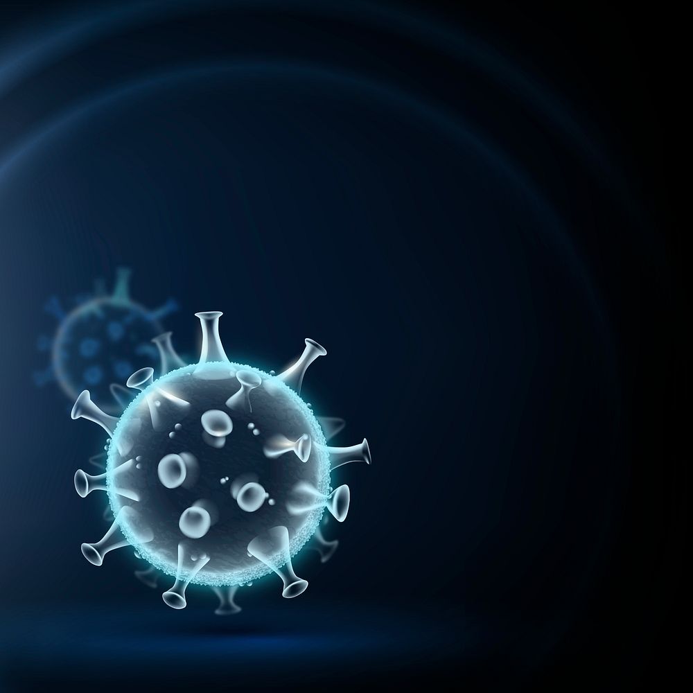 Covid-19 virus cell border background in neon blue with blank space
