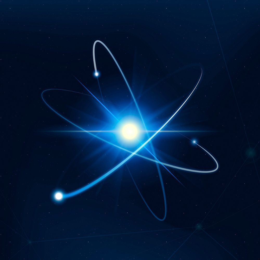 Atom science biotechnology blue neon graphic