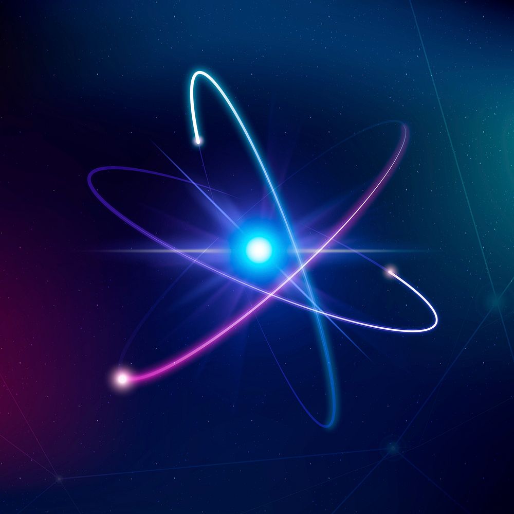 Atom science biotechnology purple neon graphic