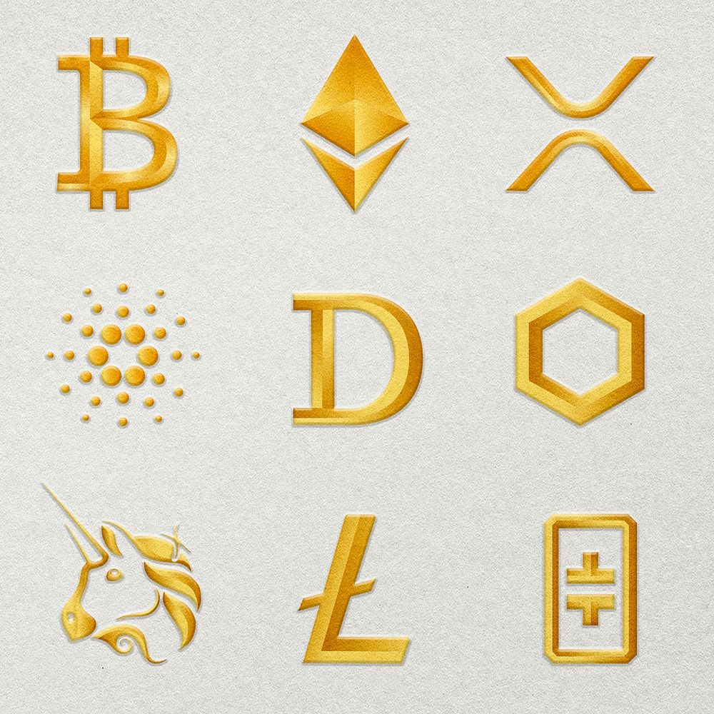 Digital asset icons in gold fintech blockchain concept collection