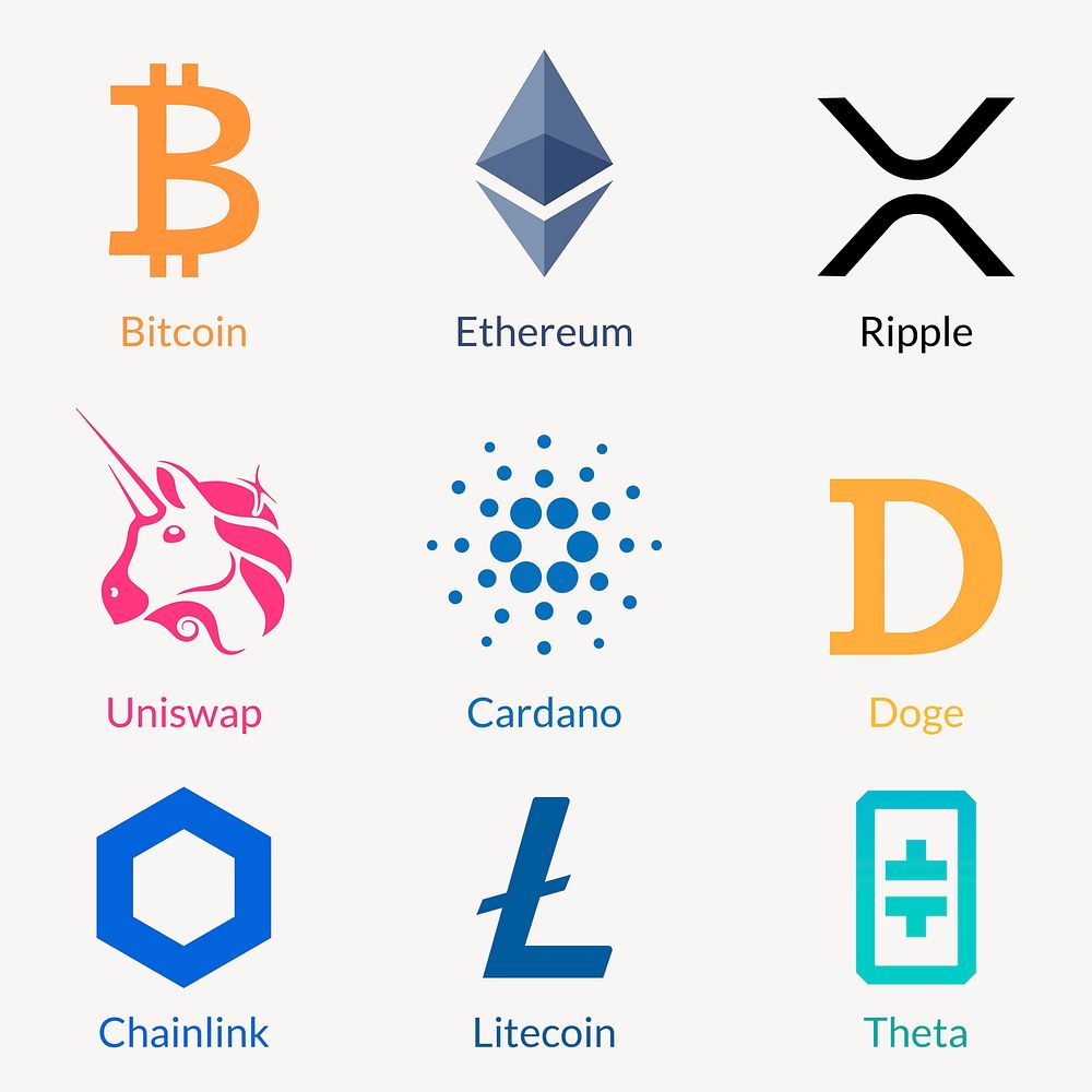 Digital asset logos fintech blockchain concept set