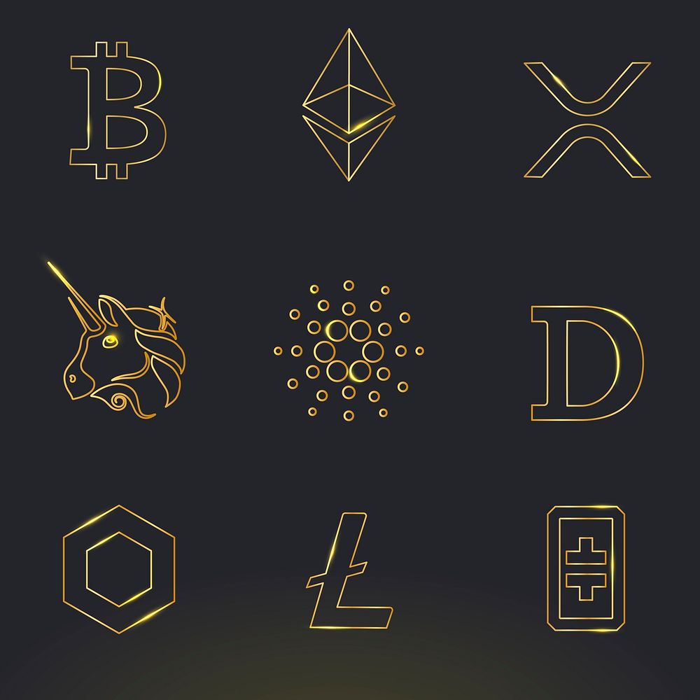 Digital asset icons in gold fintech blockchain concept collection