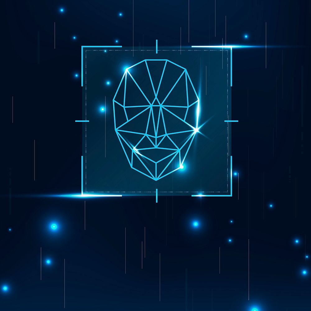 Cyber security technology background with facial recognition scanner in blue tone