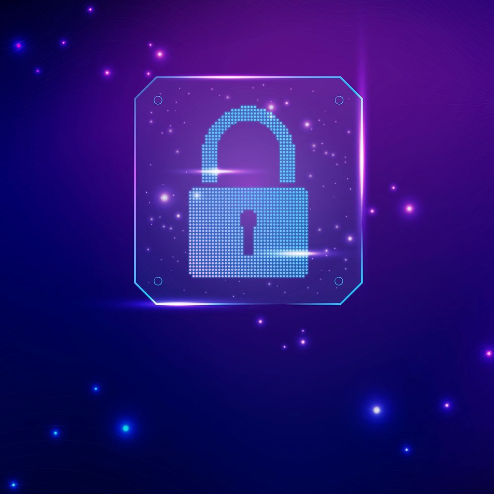 Cyber security technology background with data lock icon in purple tone