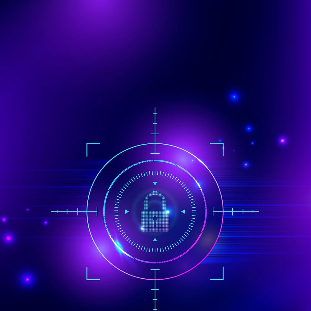 Cyber security technology background with data lock icon in purple tone