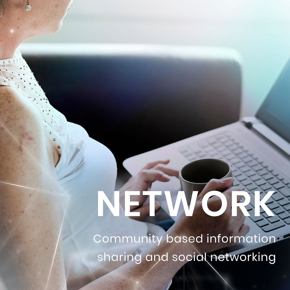 Network technology template vector with woman using a laptop background