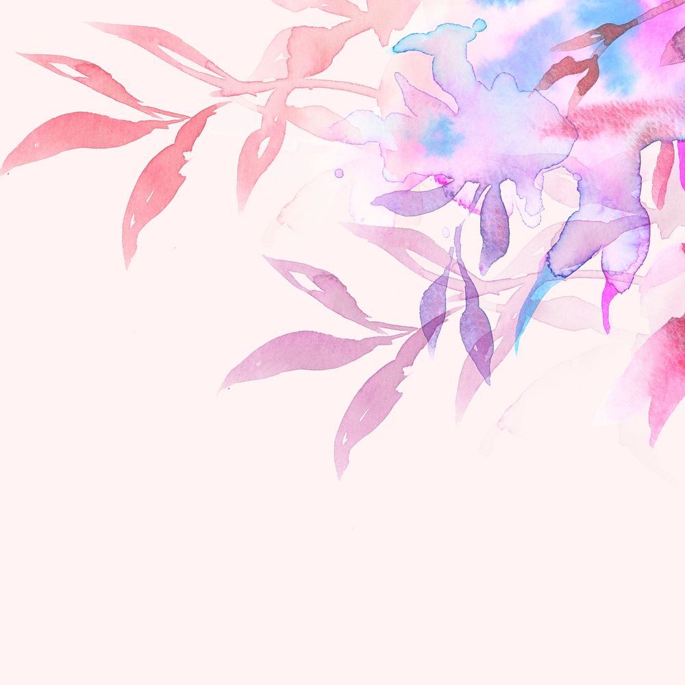 Spring floral border background in pink with leaf watercolor illustration