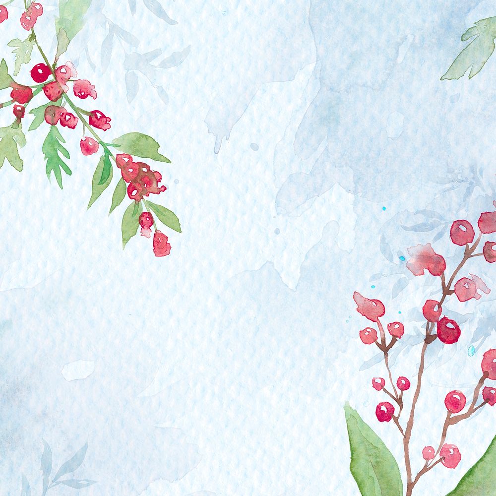 Floral christmas border background  in blue with beautiful red winterberry