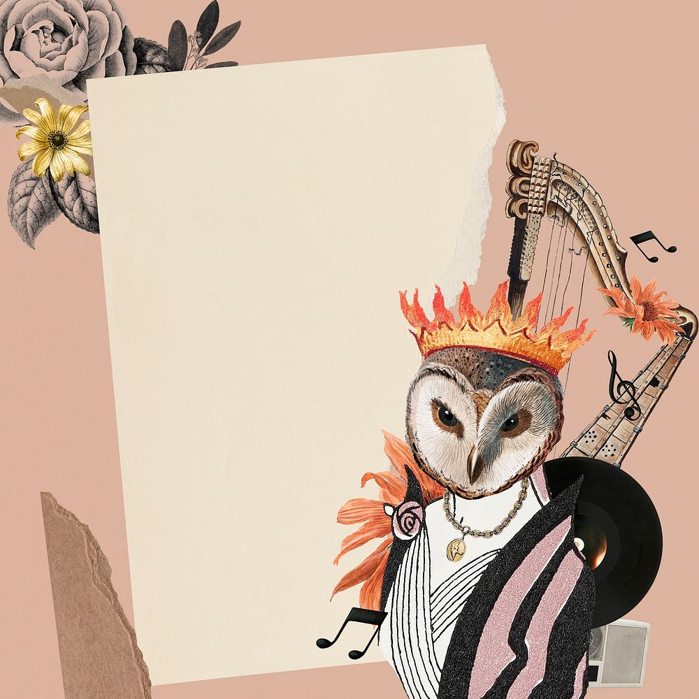 Wallpaper collage owl digital collage frame background, printable vintage mixed media art