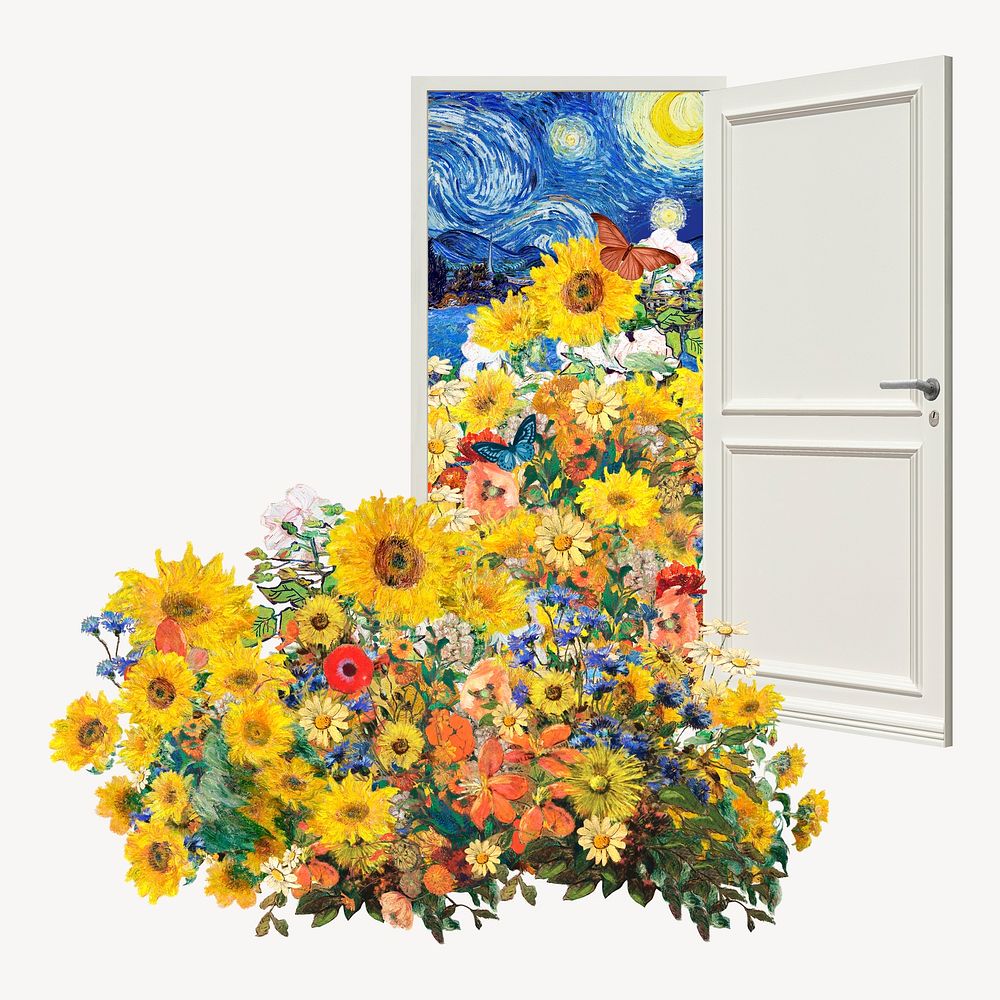 Sunflower door collage element, famous painting remixed by rawpixel psd