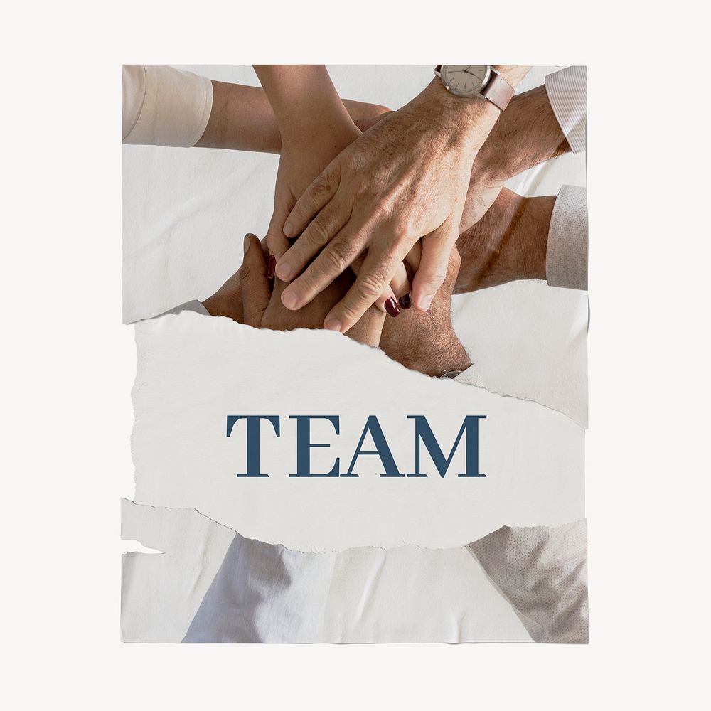 Business team poster, ripped paper, joined hands image