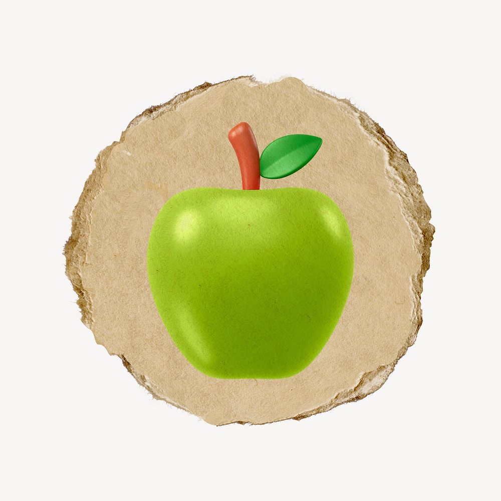 Green apple, 3D ripped paper collage element