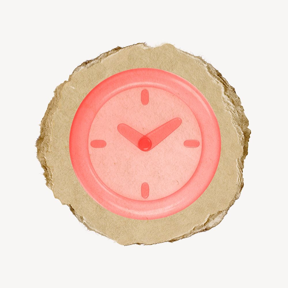 Pink clock, 3D ripped paper collage element