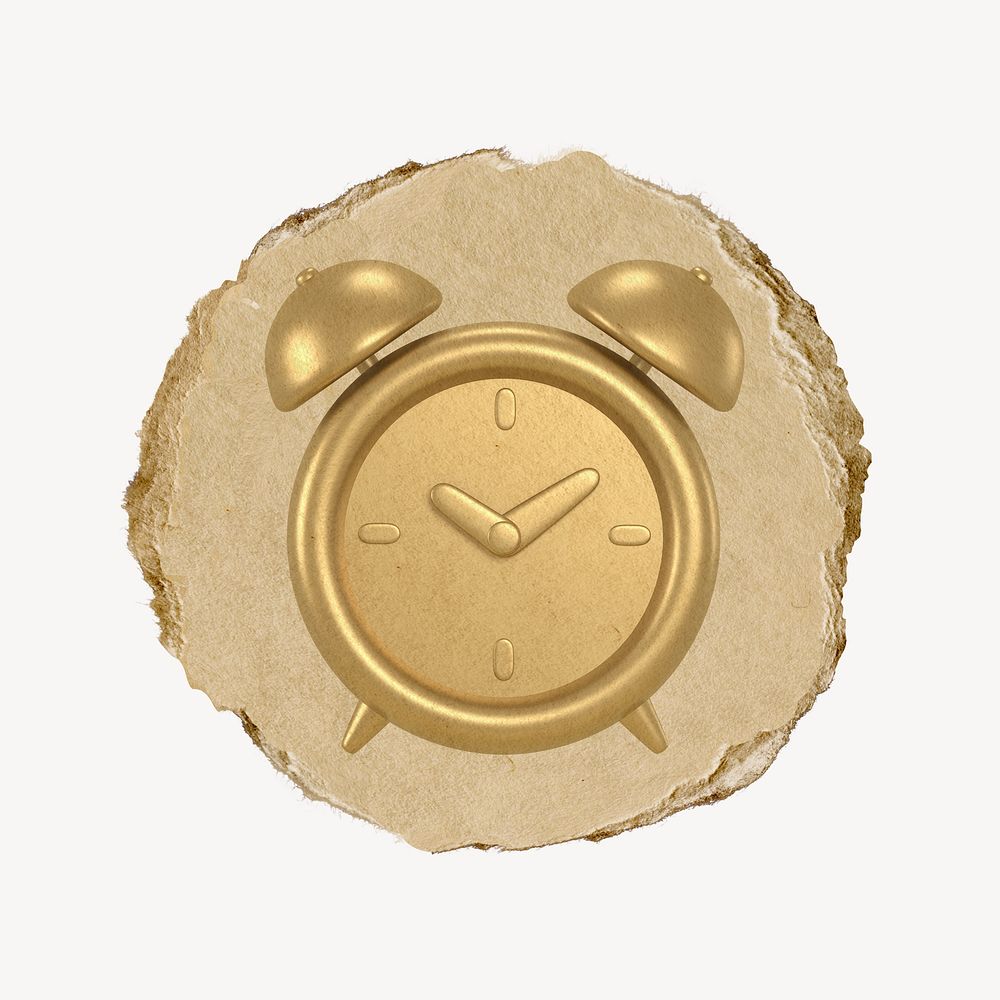 Gold alarm clock, 3D ripped paper collage element