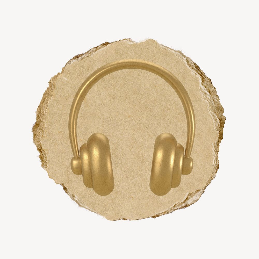 Gold headphones, 3D ripped paper collage element