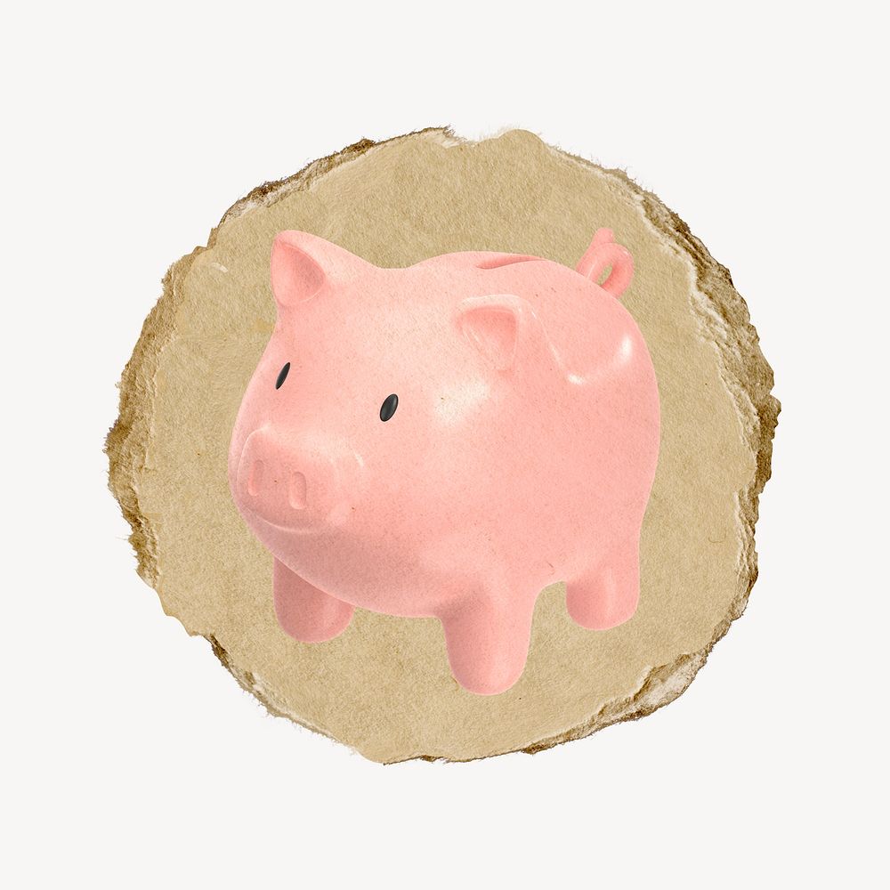 Piggy bank, 3D ripped paper collage element