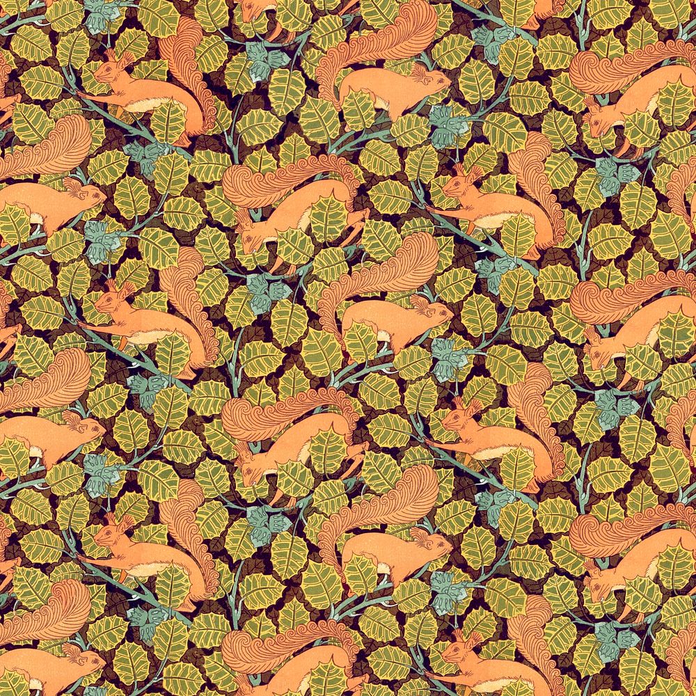 Squirrel, hazelnut pattern background, Maurice Pillard Verneuil artwork remixed by rawpixel