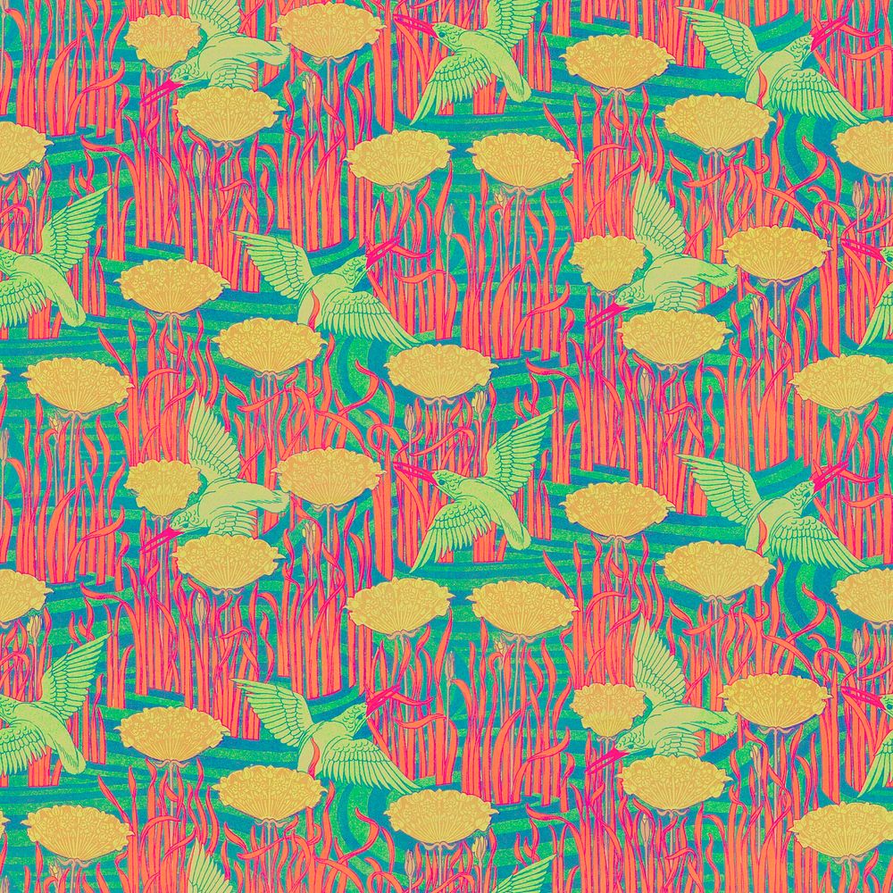 Birds, flower pattern background, colorful nature, Maurice Pillard Verneuil artwork remixed by rawpixel