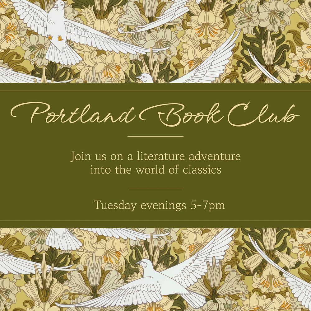 Book club Instagram post template, green bird pattern vector, famous Maurice Pillard Verneuil artwork remixed by rawpixel