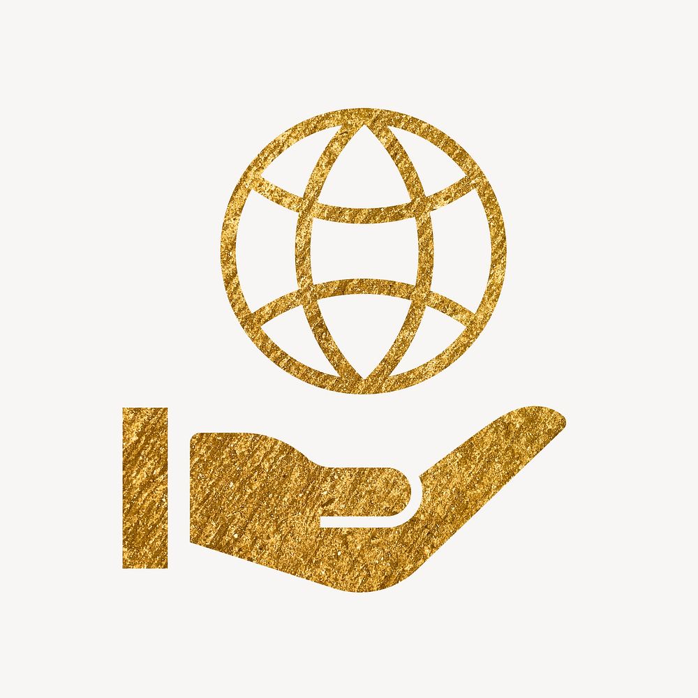 Hand presenting globe gold icon, glittery design  psd