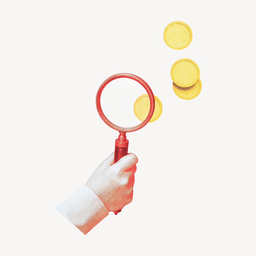 Hand holding magnifying glass, profit-seeking remix psd