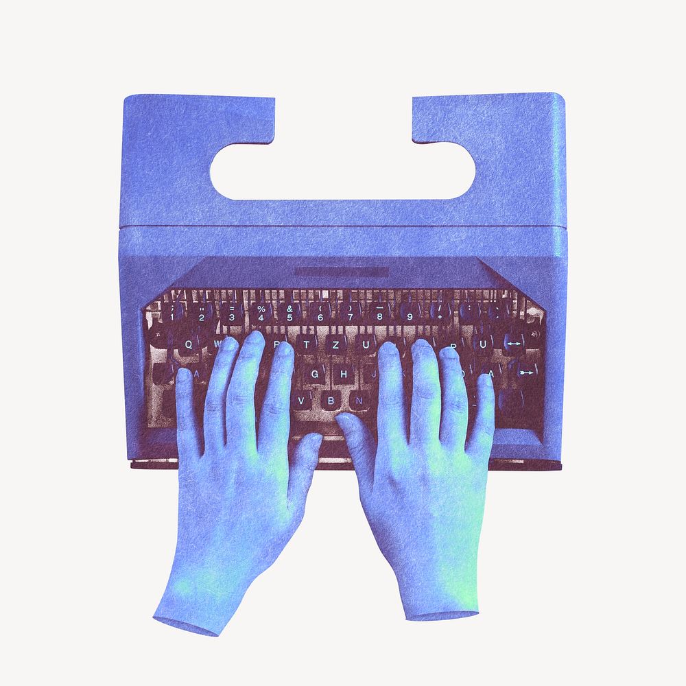 Hand using typewriter, vintage remix psd