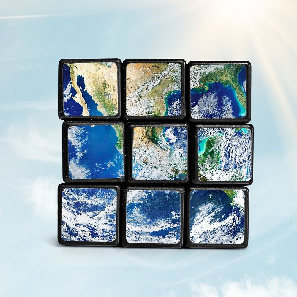 Puzzle cube mockup, blue sky & earth design psd