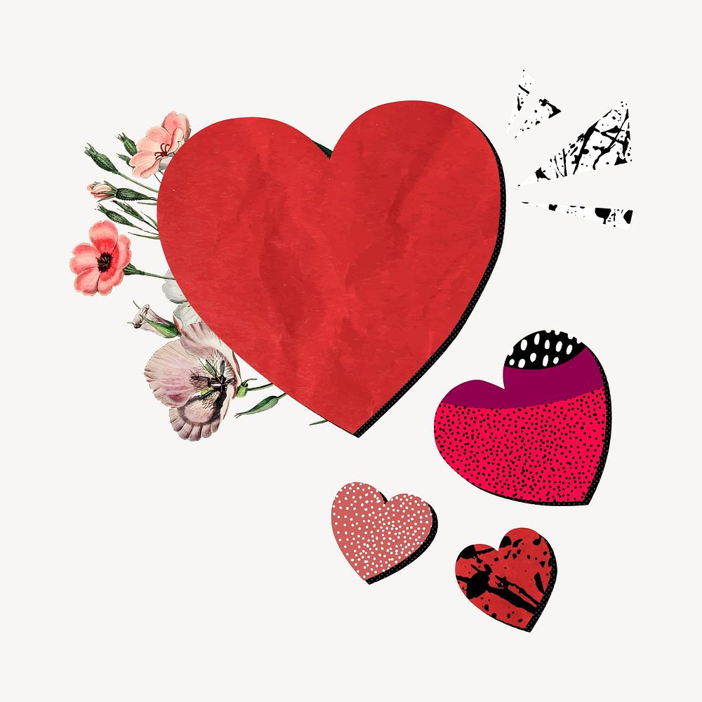 Red heart collage element, floral design vector