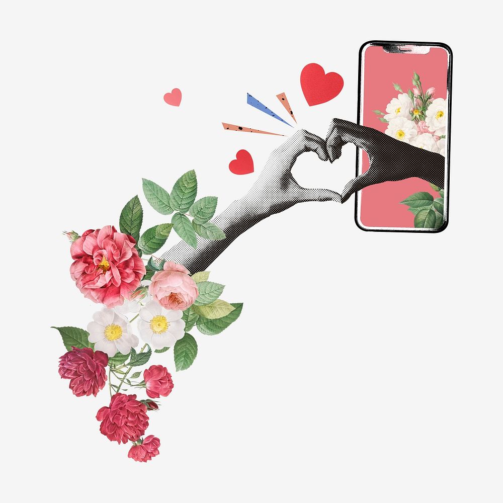 Online dating collage element, floral heart hand design