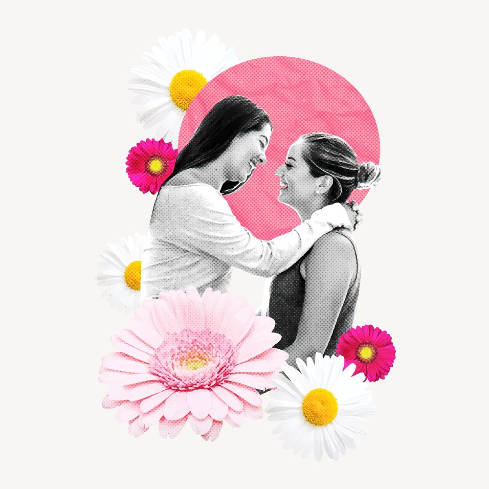 Lesbian couple collage element, floral design vector