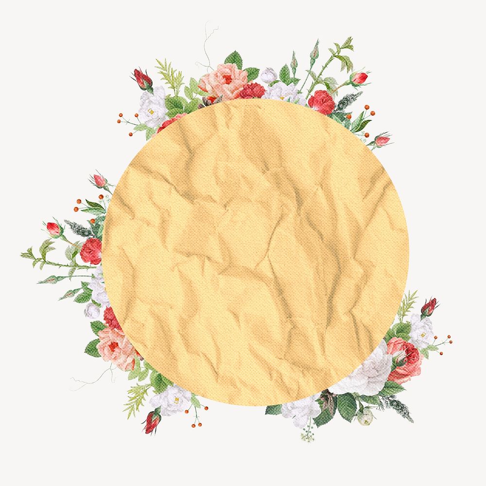 Floral badge collage element, yellow paper texture design psd