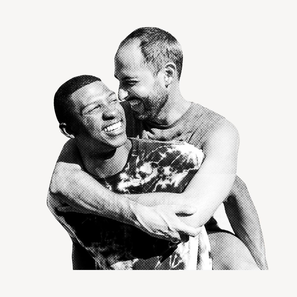 Gay couple collage element, gray design psd