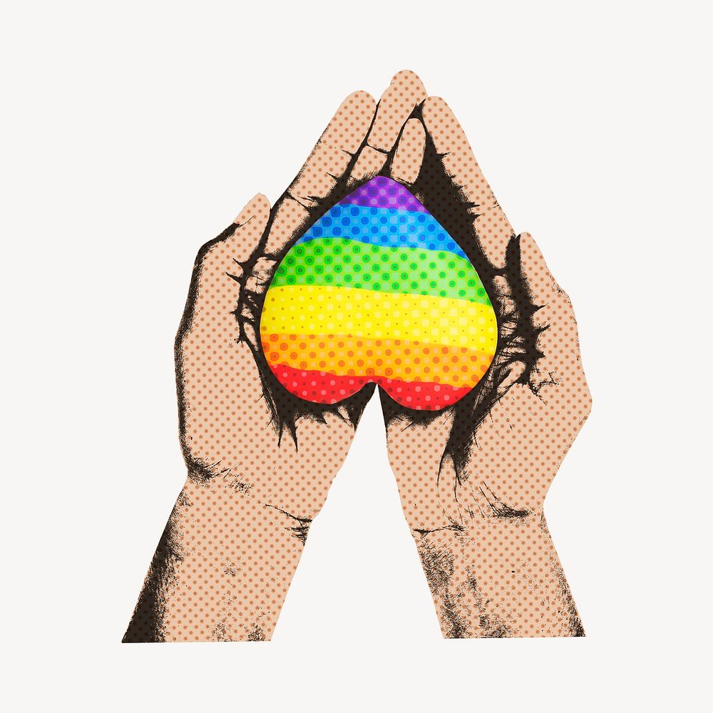Rainbow heart in hands collage element, pop art design