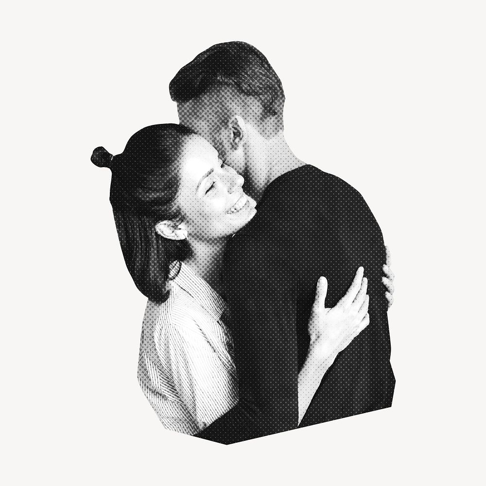 Couple hugging collage element, gray design psd