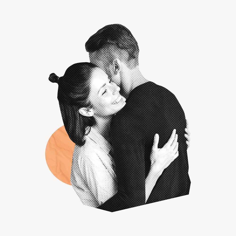 Couple hugging collage element, gray design psd