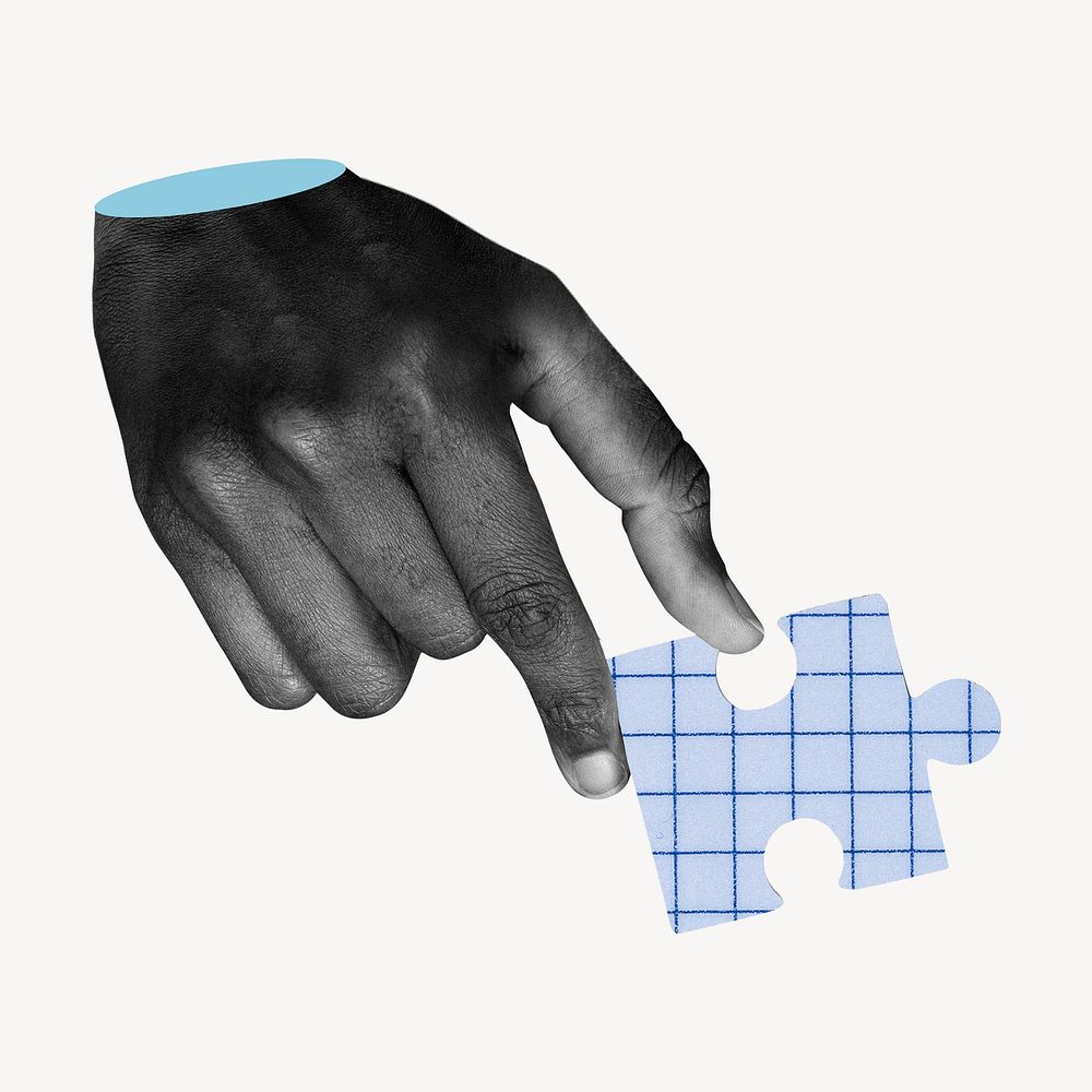 Hand holding puzzle collage element psd