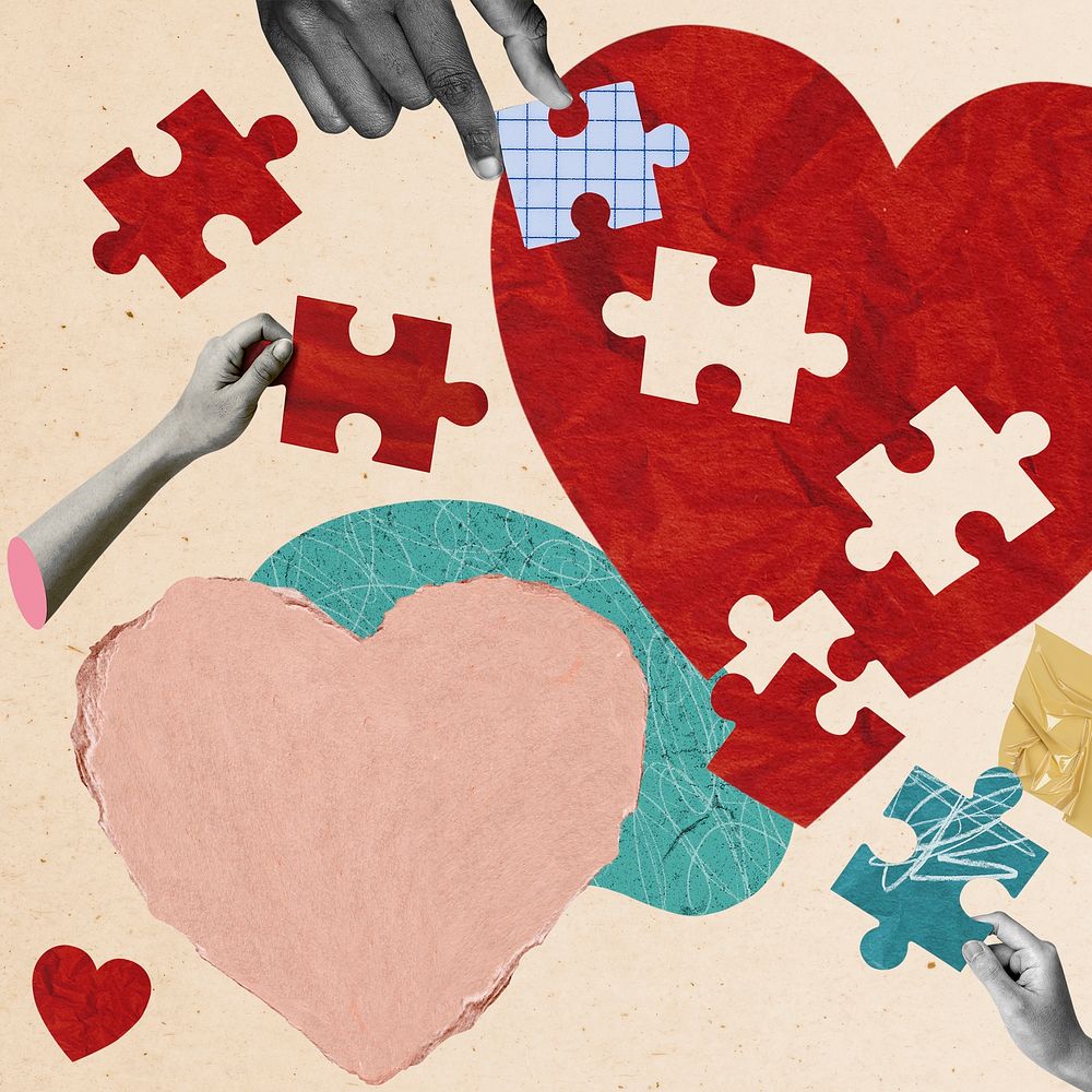 Heart puzzle remixed media, mental health design