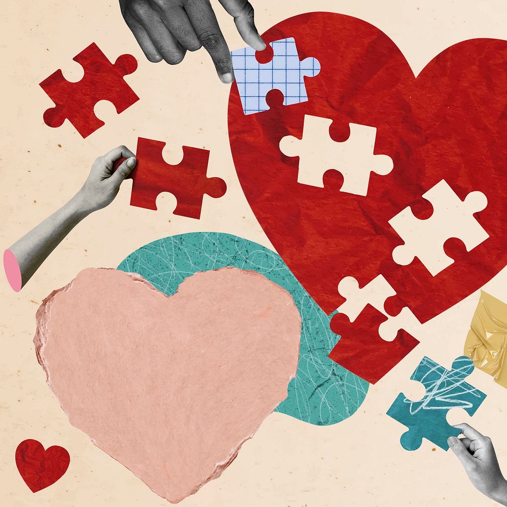 Heart puzzle remixed media, mental health design vector