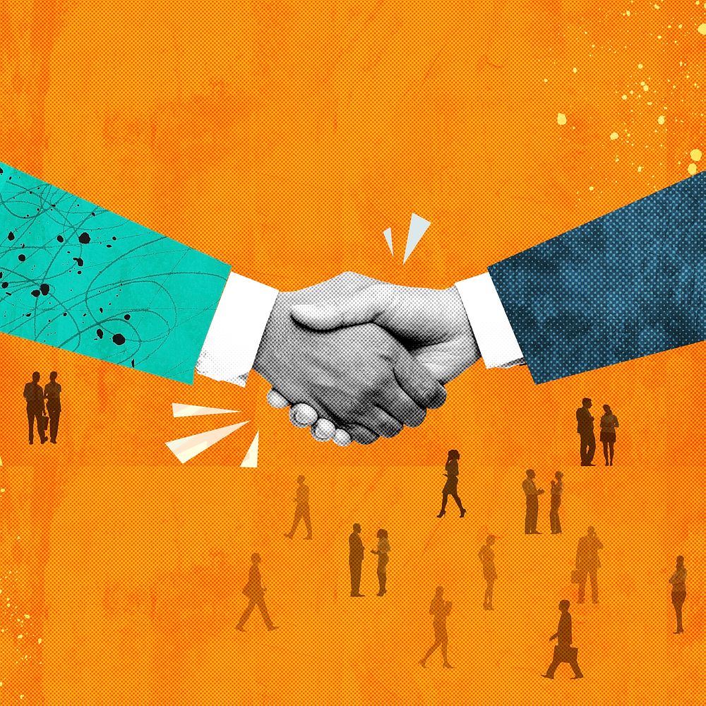 Business handshake remixed media, orange design psd