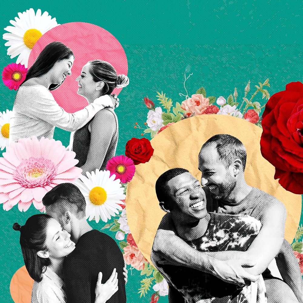 LGBTQ+ love remixed media, floral remix media design vector
