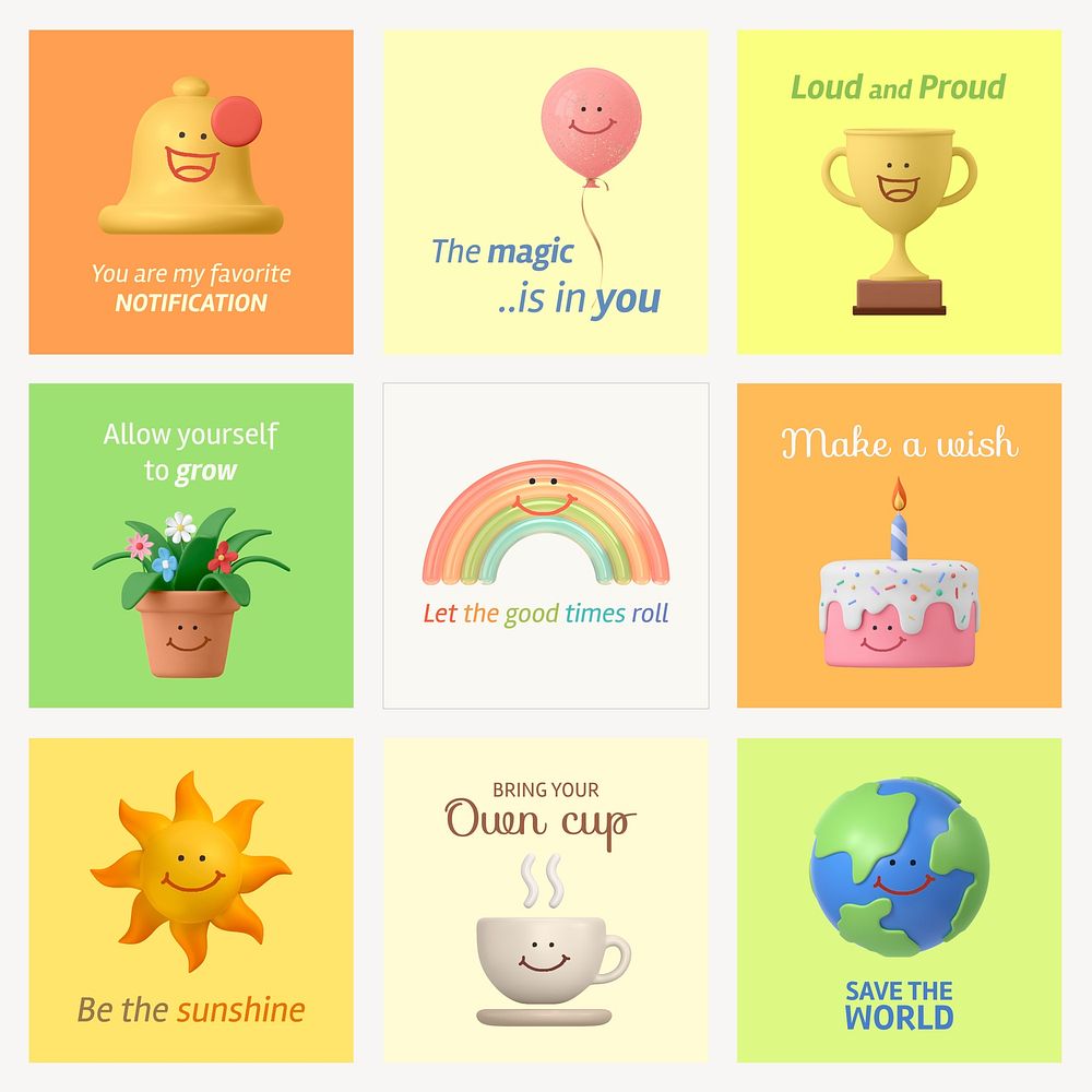 Cute 3D Instagram post template, environment, positivity set vector
