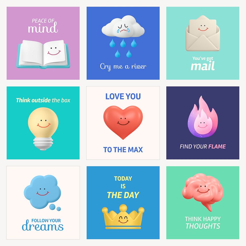 Cute self-love Instagram post template, 3D illustration set psd