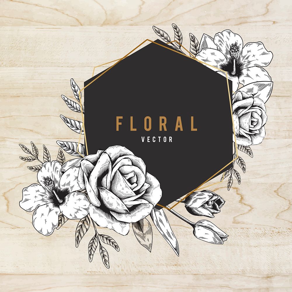 Floral frame beige wood textured background vector