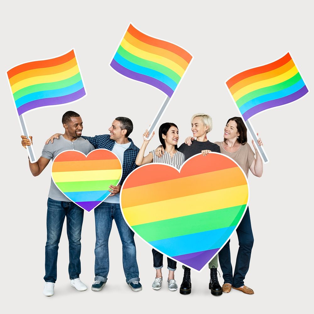 Pride month mockup, diverse people holding hearts & flags psd